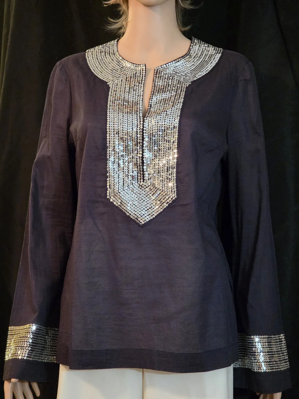 Tory Burch Navy Blouse with Silver Sequin Placket